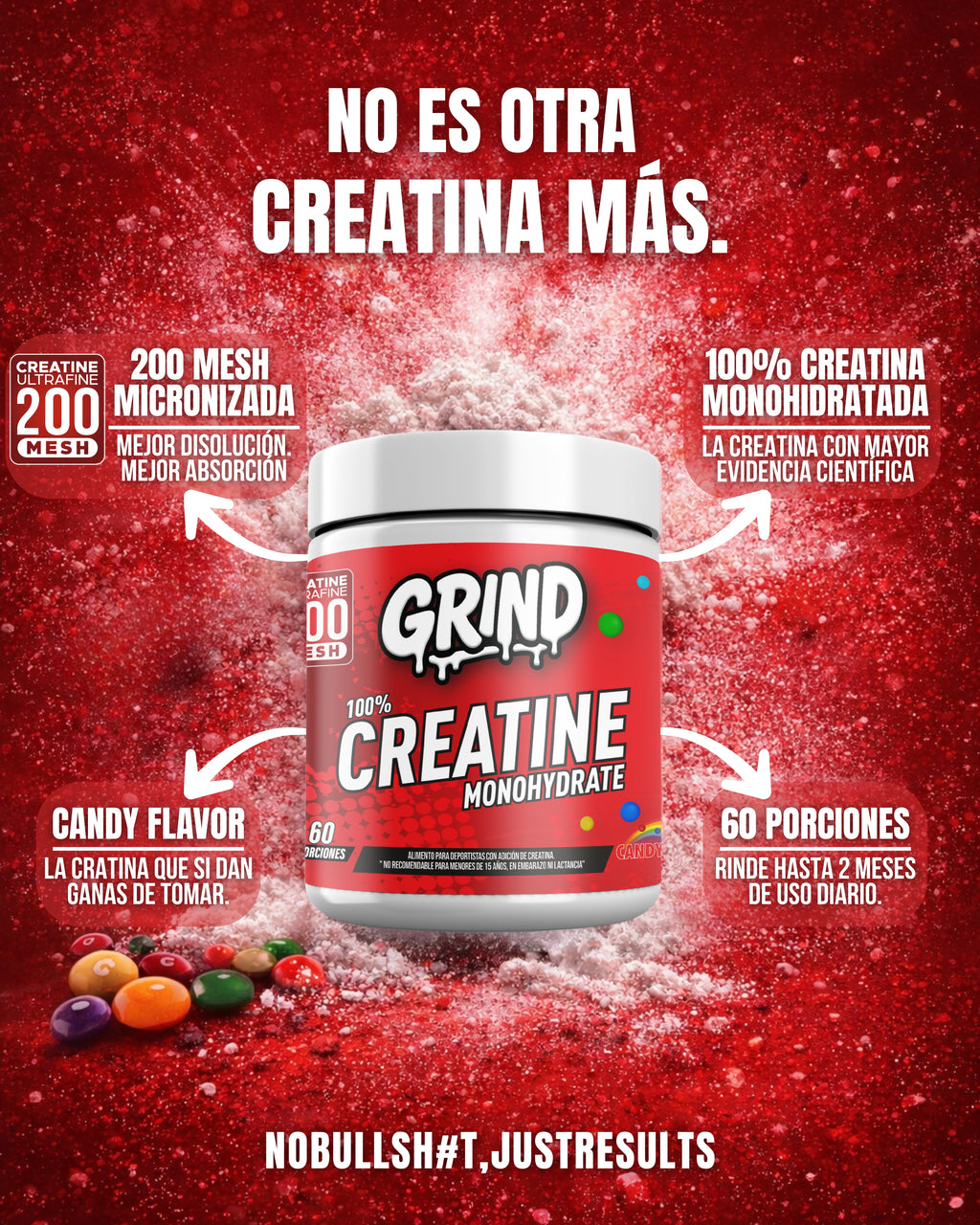 Grind Creatine | 100% Creatine Monohydrate 200 Mesh – 60 Porciones (Sabor Candy)