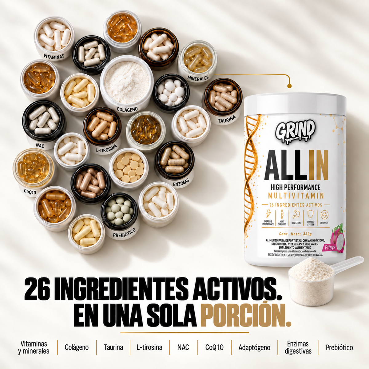Grind ALL IN | High Performance Multivitamin – 30 Porciones (Sabor Pitaya)
